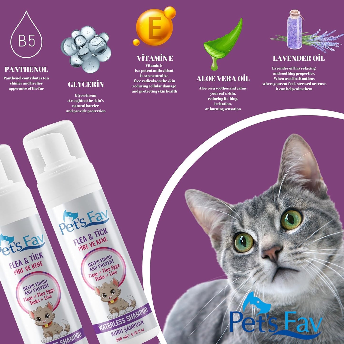 Flea & Tick Waterless Cat Shampoo - Natural Dry Foam for Cats & Kittens