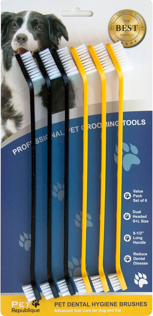 Pet Republique Dog Toothbrush Set of 6 – Dual Headed Dental Hygiene Brushes for Small to Large Dogs, Cats, and Most Pets