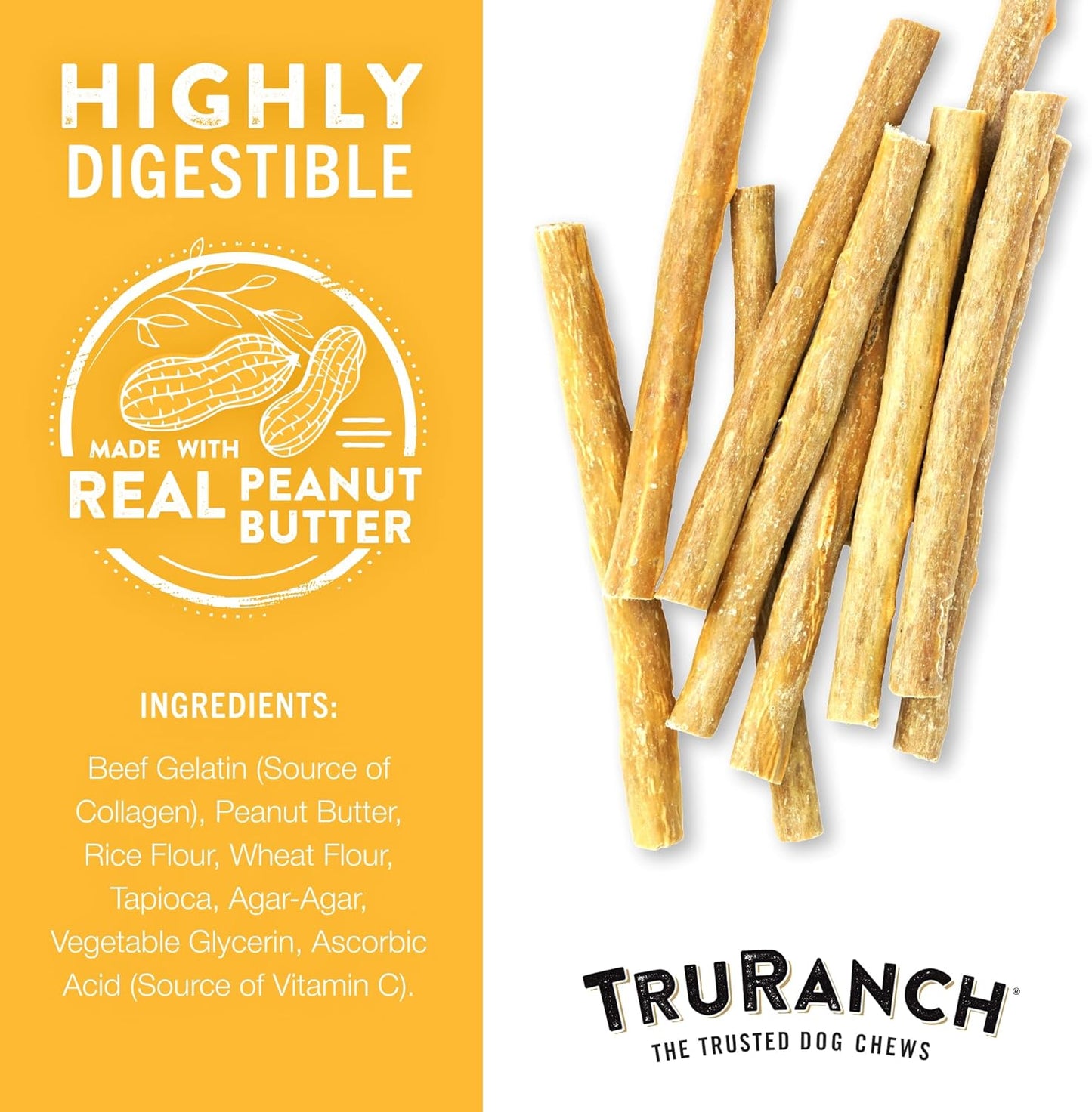TRURANCH Collagen Sticks - 5" Collagen Sticks for Dogs - Long Lasting Healthy Joint Support Dog Treat - Rawhide Alternative - Skin & Coat Health - Made with Real Peanut Butter, 1 Bag, 15 Count