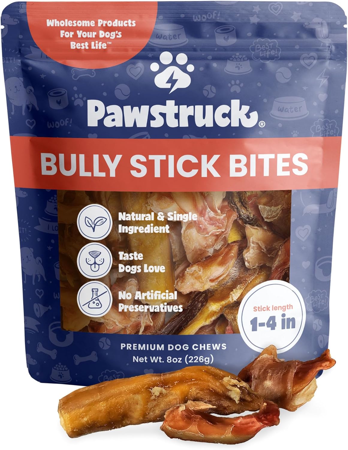 Pawstruck Natural 1–4" Bully Stick Bites for Small Dogs and Puppies – Single Ingredient, Digestible, Rawhide-Free, High-Protein Chew Treat Bones – 8 oz Bag – Packaging May Vary