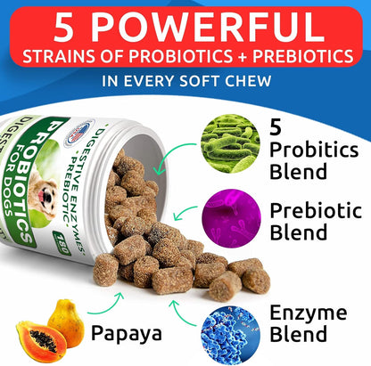 Dog Probiotics Chews + Hemp Treats + Glucosamine Bundle - Digestive Enzymes + Prebiotics + Chondroitin, MSM, Omega-3 - Gas, Diarrhea, Allergy, Constipation, Upset Stomach Relief + Joint Pain Relief