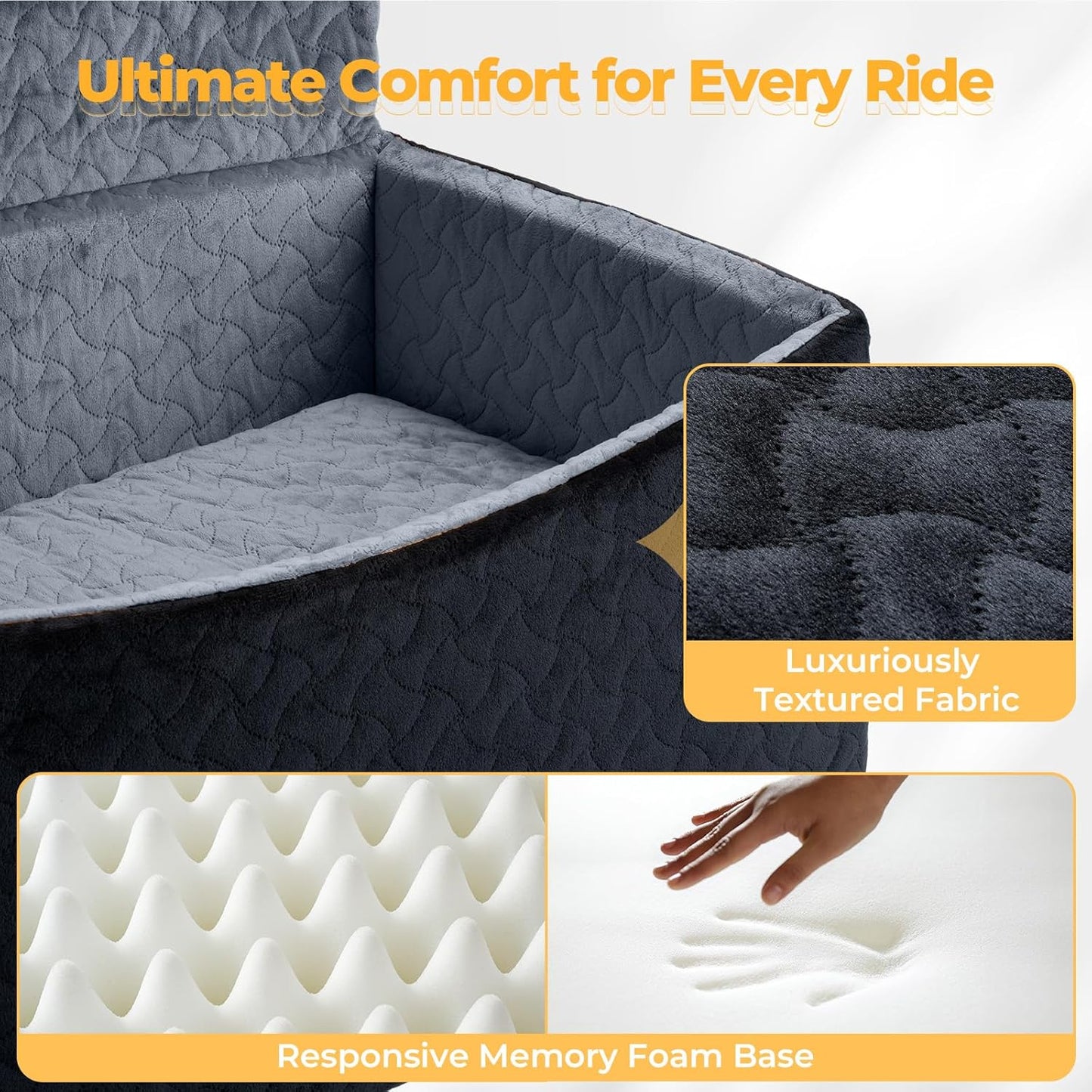 Dog Car Seat for Large Medium Dogs up to 60 lbs – Elevated Dog Booster Seat for Cars with Extra-Safe 14in High Front, Memory Foam Cushion, Washable Cover, Backseat Pet Car Bed (Black/Grey)