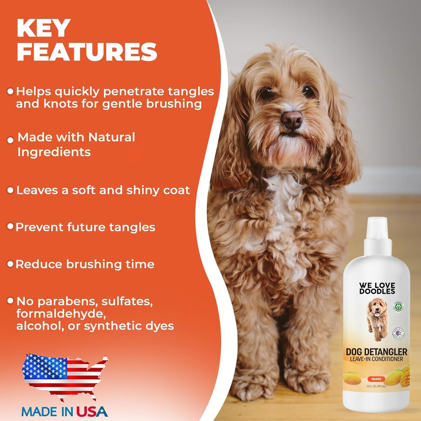 We Love Doodles Dog Detangler Spray - Leave-in Conditioner for Dogs - Dog Detangling Spray - Dematting Spray for Dogs - Tangle Remover - Made in The USA, Large 16 fl oz (Mango)