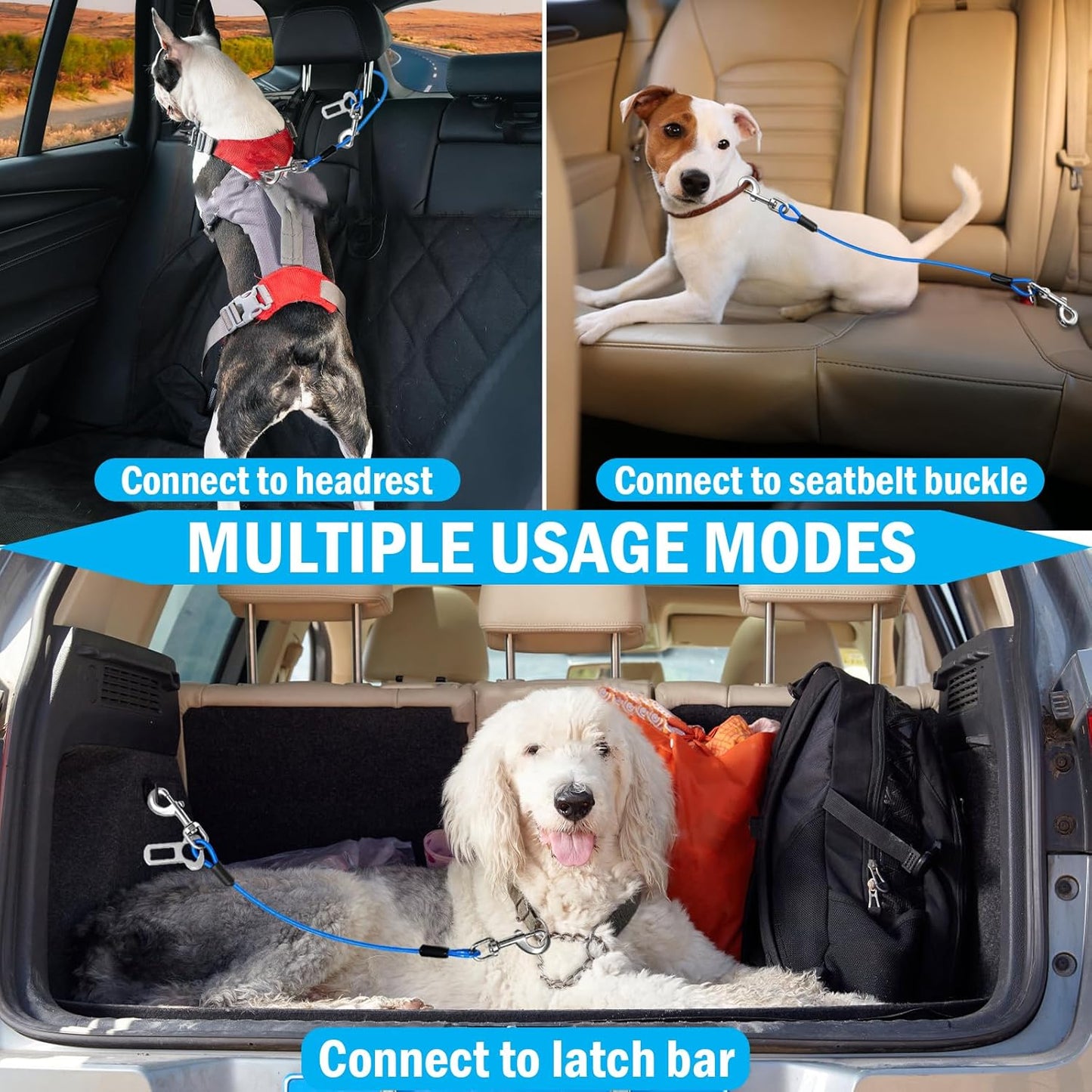 Dog Car Safety Harness,16 Inch/40 cm Double Clips Seatbelt Dog Leash，No Chew seat Belts for Dogs（2 Pack Blue）