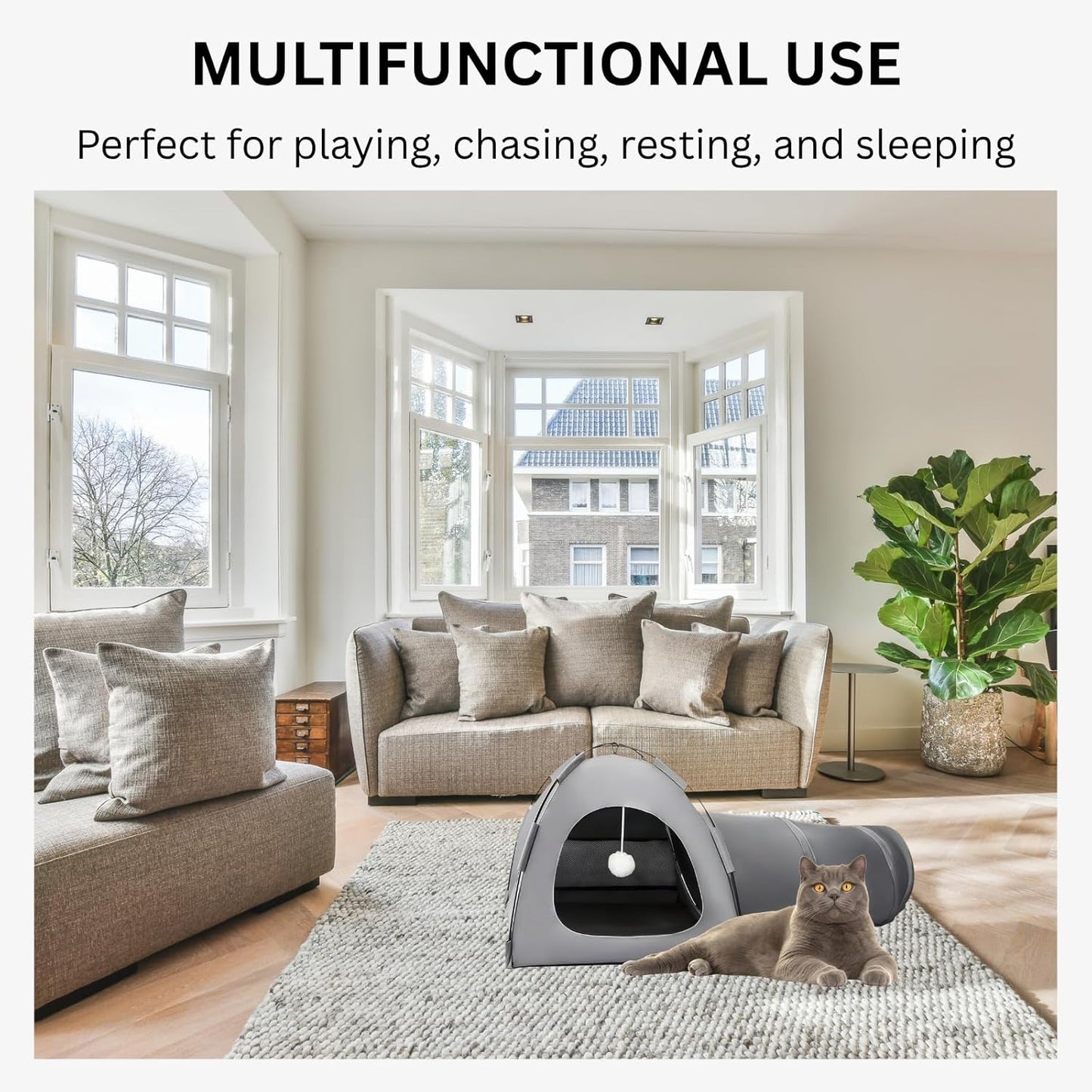 AIXINPET Cat Tent Tunnel, Collapsible Cat Play House with Tunnel for Kittens and Small Pets,with Toy Balls, Anti-Scratch Fabric,Cat Tunnel Bed & Cats Bed Cave for Indoor and Outdoor Cats (Gray)