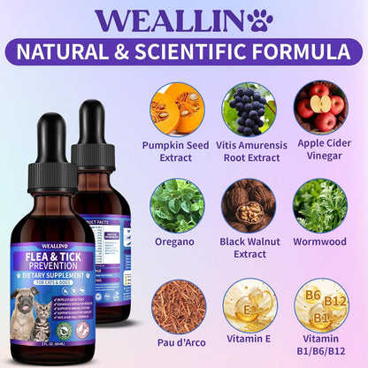 Flea and Tick Prevention Support Drop for Dogs & Cats + 200 Chews for Cats | Pets Oral Natural Supplement Flea and Tick Treatment for All Breeds and Ages