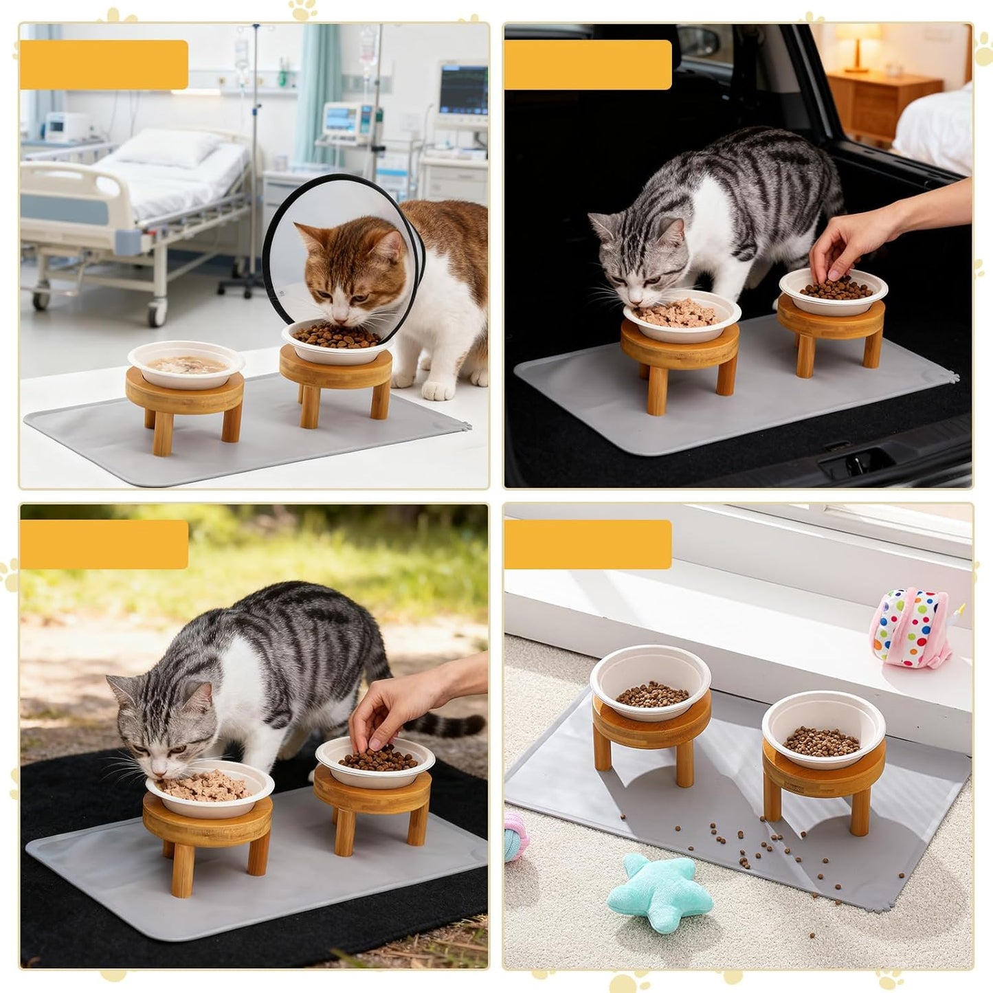 LemonRoad 53 Pcs Disposable Cat Bowls with Food Mat 50 Compostable Disposable Pet Bowls 2 Elevated Wooden Stand Cat Food and Water Dishes for Cats Puppies Travel Camping Outdoor Use