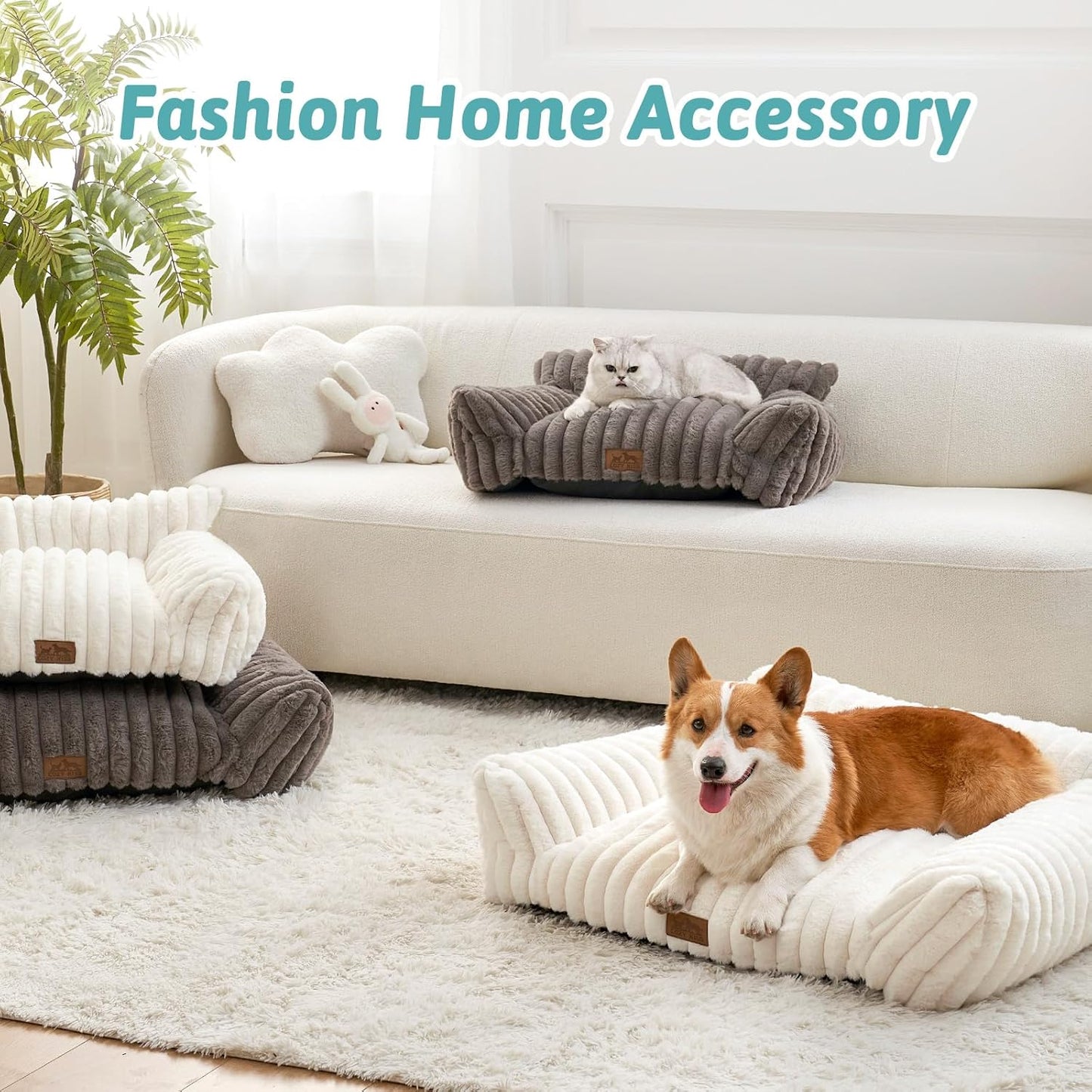 Cute Cat Couch, Fluffy Sofa Bed for Cats and Small Dogs, Premium Faux Rabbit Fur Cats beds for Indoor Cat, Ultra-Soft Supportive Pet Couch Furniture (Grey, M: 31.5''x23.5'')