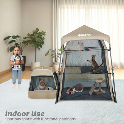 Catio Outdoor Cat Enclosure Combo for Indoor and Outdoor,3 Tier Cage Inside, Pop up Catio,Portable and Foldable(Includes one cat Tower Tent,one Tunnel and a cage) + cat Tunnel(2 Packs)