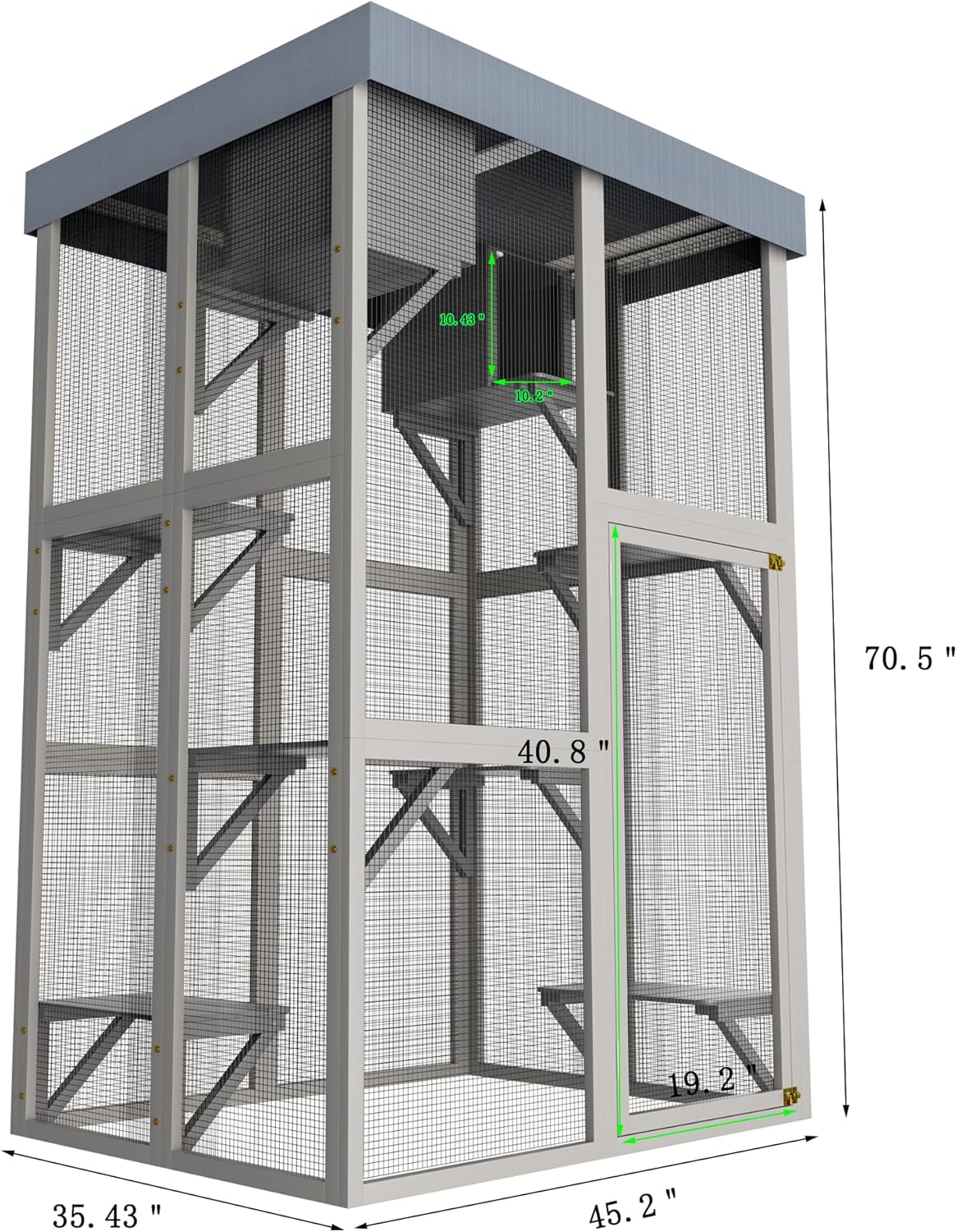 70.5" H Catio Outdoor Cat Enclosure,Cat House with Waterproof Roof and Large Enter Door,Wooden Shelter W/ 6 Jumping Platforms & 2 Napping Houses,Cats Cage for Walk in Kitten Kennel,Gray