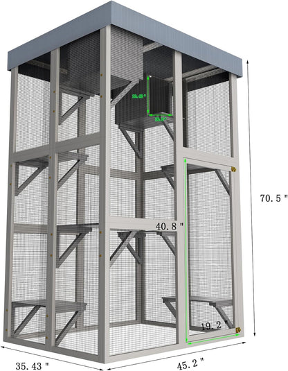 70.5" H Catio Outdoor Cat Enclosure,Cat House with Waterproof Roof and Large Enter Door,Wooden Shelter W/ 6 Jumping Platforms & 2 Napping Houses,Cats Cage for Walk in Kitten Kennel,Gray