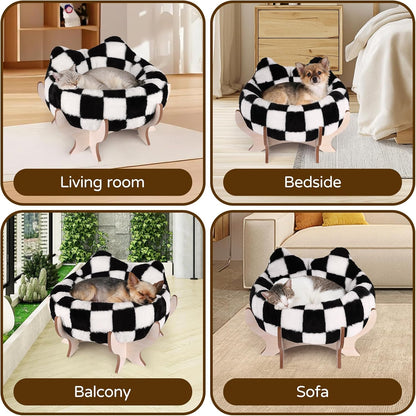 Elevated Cat Bed for Indoor Cats, Pet Couch Bed with Removable Fluffy Cushion, Wooden Stand, 18” x 11” Raised Cat Sofa for Kitty Puppy, Checkered Soft Cushion Cats Furniture