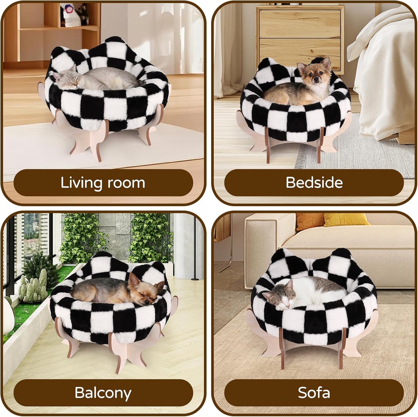 Elevated Cat Bed for Indoor Cats, Pet Couch Bed with Removable Fluffy Cushion, Wooden Stand, 18” x 11” Raised Cat Sofa for Kitty Puppy, Checkered Soft Cushion Cats Furniture