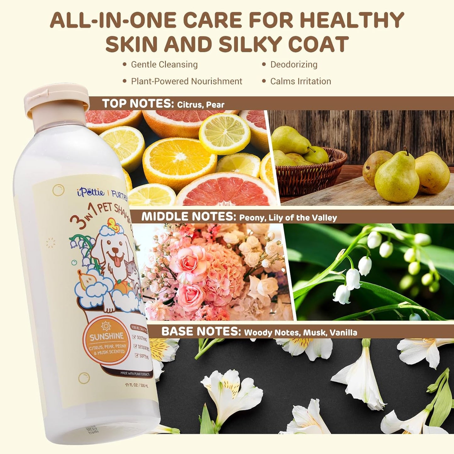 iPettie Furtasy Pet Shampoo, 3-in-1 Formula with Aloe, Herbal Extracts, Soothing, Deodorizing, Softening, Alcohol-Free, Sunshine Scent, 500ml, 16 Packs