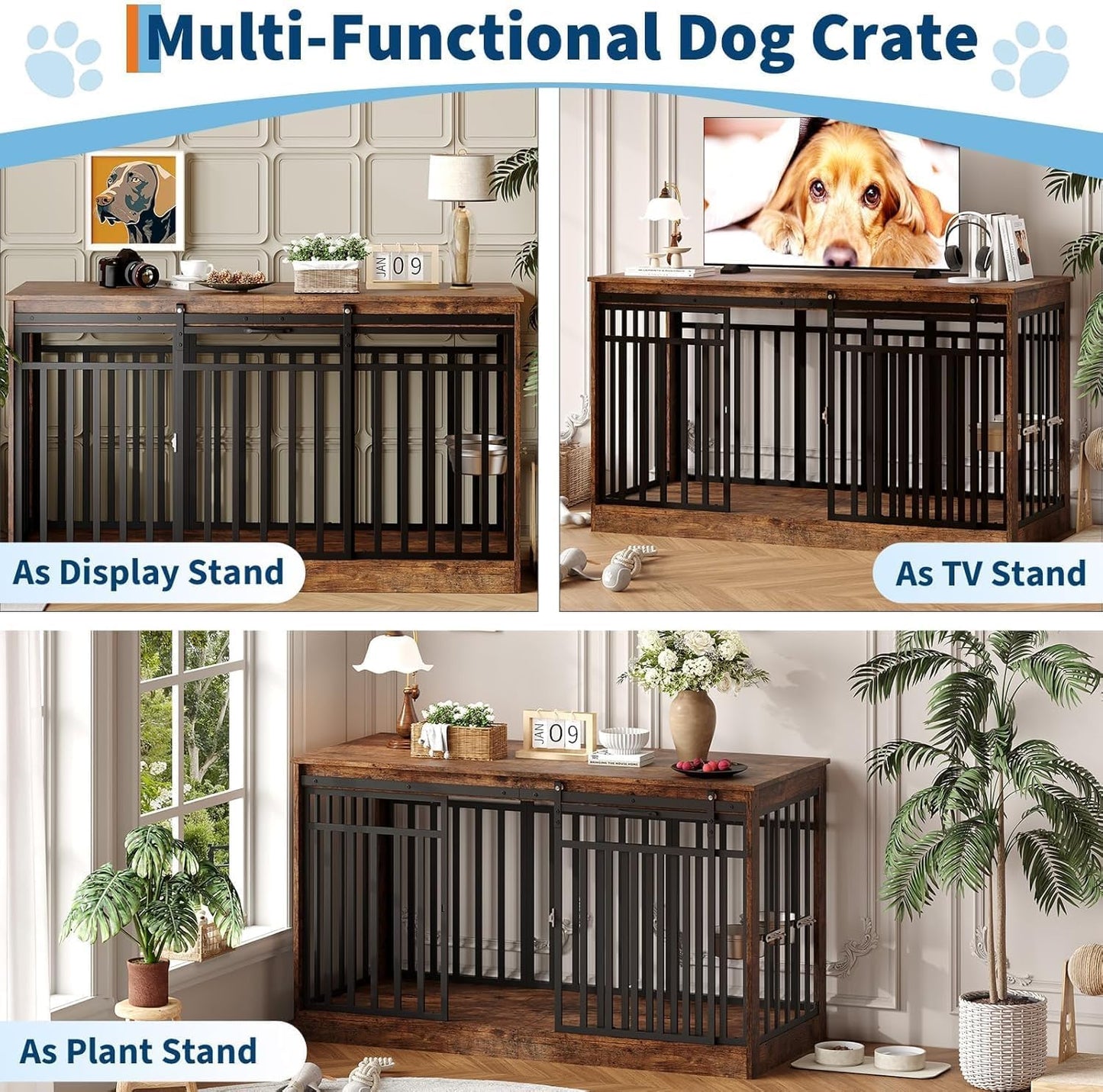 Double-Door Dog Crate Furniture, 55 Inch Rustic Wooden Indoor Dog House Side Table for Small to Medium Dogs, Chew-Resistant Pet End Table, Brown