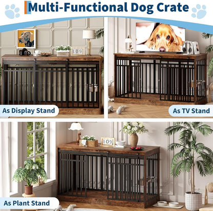 Double-Door Dog Crate Furniture, 55 Inch Rustic Wooden Indoor Dog House Side Table for Small to Medium Dogs, Chew-Resistant Pet End Table, Brown