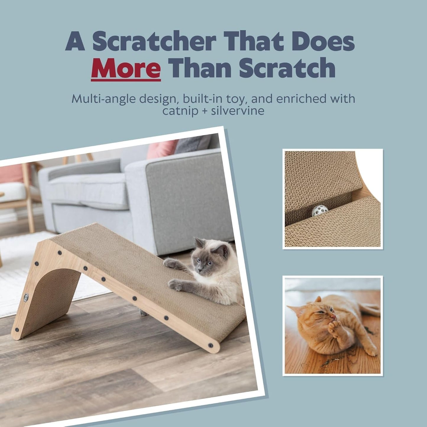Trixie L-Shape Cat Scratcher with Catnip & Silvervine - 25.6" Indoor Furniture - Double-Sided Corrugated Cardboard - Vertical & Horizontal Scratching Pad with Ball Toy for Cats & Kittens - Natural