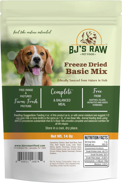 BJ'S RAW PET FOOD Freeze Dried Basic Complete & Balanced Dog Food | Chicken & Beef High-Protein Meal for Optimal Health | Made in USA, 14-Ounce