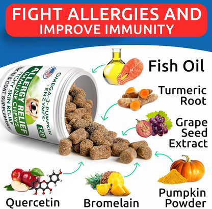 BARK&SPARK Dog Allergy Relief Chews + Dog Probiotics for Digestive Health & Enzymes - Itchy Skin Relief Treatment Pills - Diarrhea, Gas, Upset Stomach Relief & Season Allergy