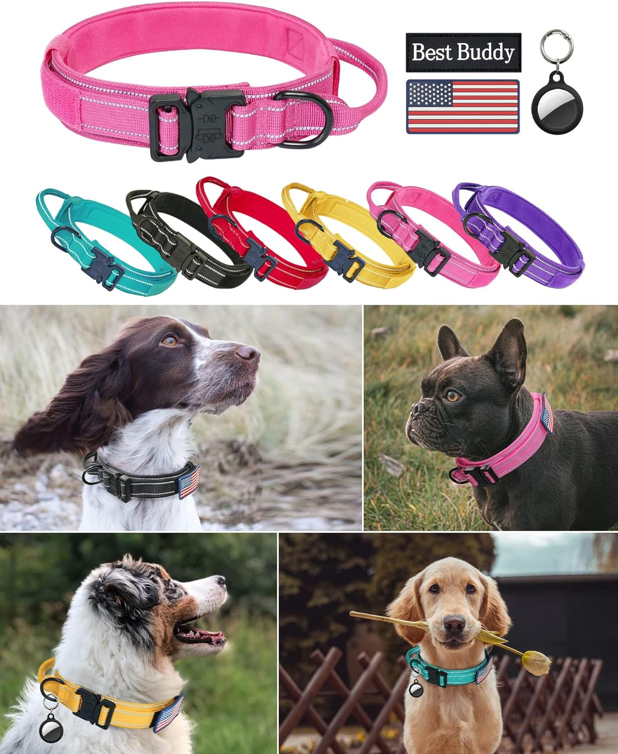 AUBELL Reflective Tactical Dog Collar,Adjustable Military Heavy Duty K9 Collars with Handle and Quick Release Metal Buckle Great for Large Dogs, with Airtag Case and 2 Patches (Pink,L)