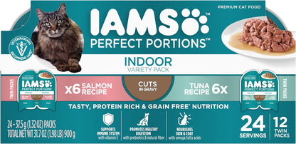 IAMS Perfect Portions Indoor Adult Wet Cat Food Cuts in Gravy Variety Pack, Salmon and Tuna Recipes, 2.6 oz. Easy Peel Twin-Pack Trays (12 Count, 24 Servings)