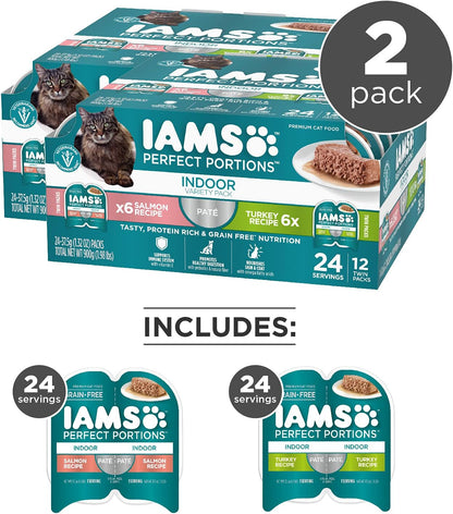 IAMS Perfect Portions Indoor Adult Grain Free Wet Cat Food Pate, Turkey and Salmon Recipe, 2.6 oz. Twin-Pack Trays (12 Count, 24 Servings) (Pack of 2)