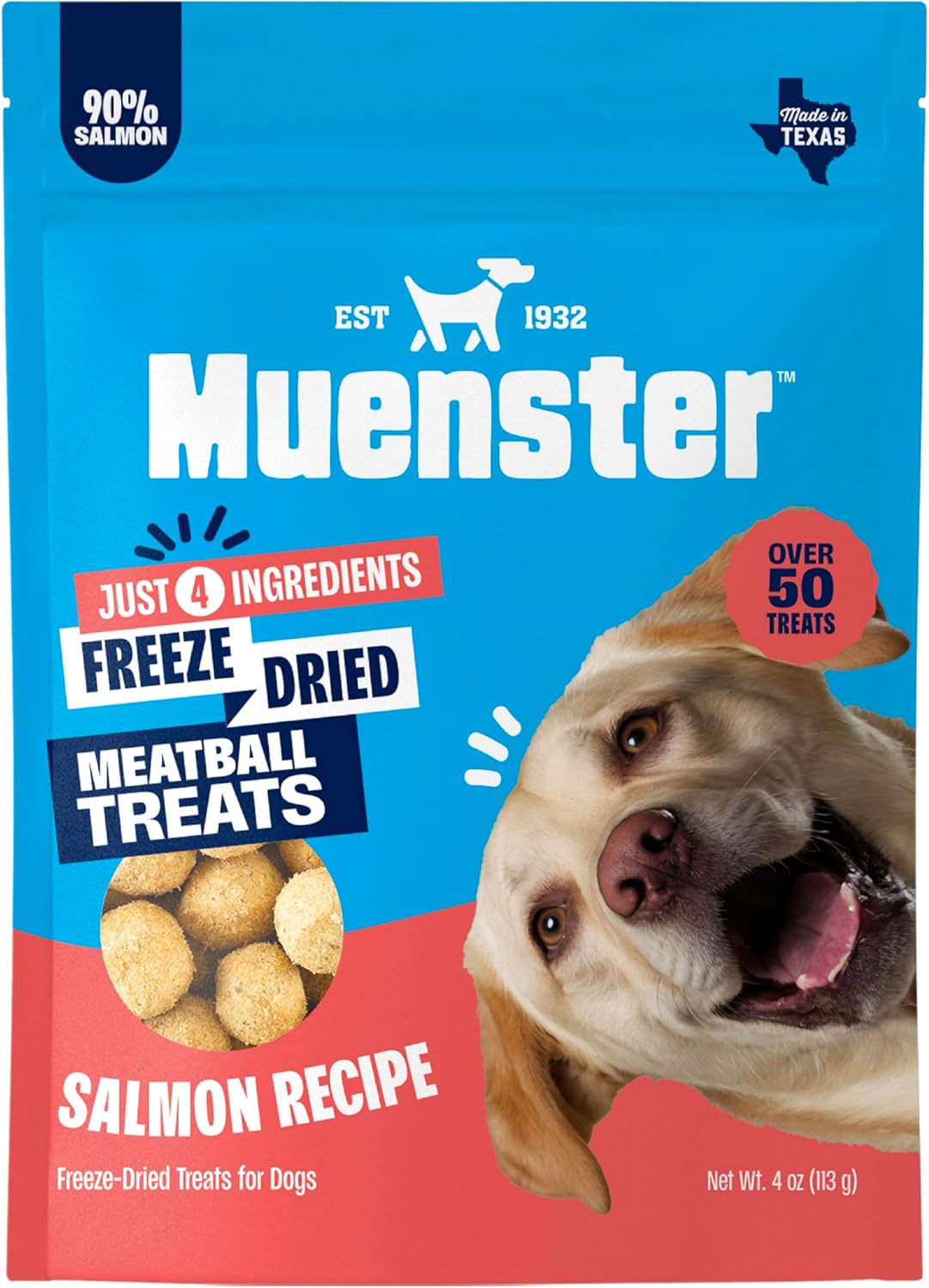 Muenster New 4 Ingredient Freeze Dried Salmon Meatball Treats for Dogs - Great for Training, Meal Toppers or Just for a Treat. 4 Ounce (Pack of 1)