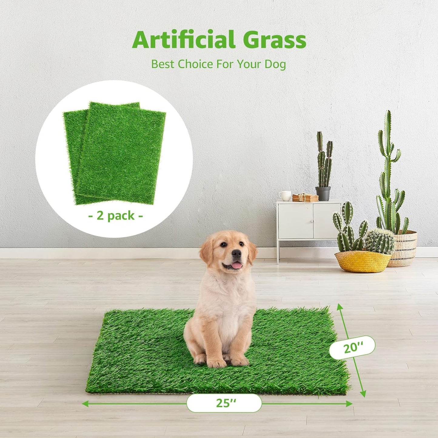Artificial Dog Grass Pee Pad 20”x 25” 2 Pack, Grass Pad for Dogs Indoor Potty Training, Replacement Turf for Puppy, Washable Reusable Realistic Fake Grass Mat