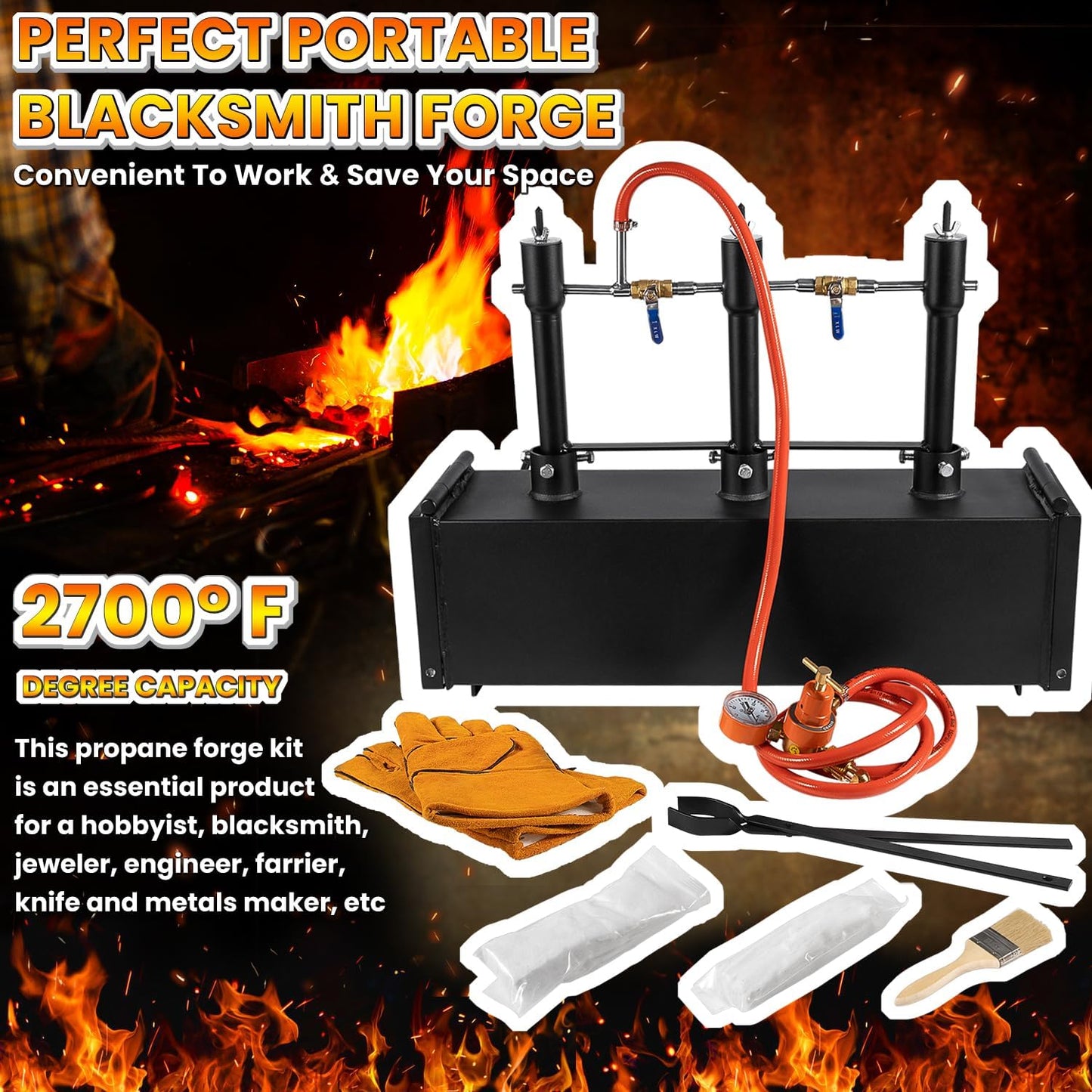 Triple Burners Portable Propane Gas Forge Three Burners 2700°F/1482℃ Large Capacity Square Forging Furnace for Blacksmithing Farrier Knife Tool Making Equipment with Tong & Gloves 2-Doors