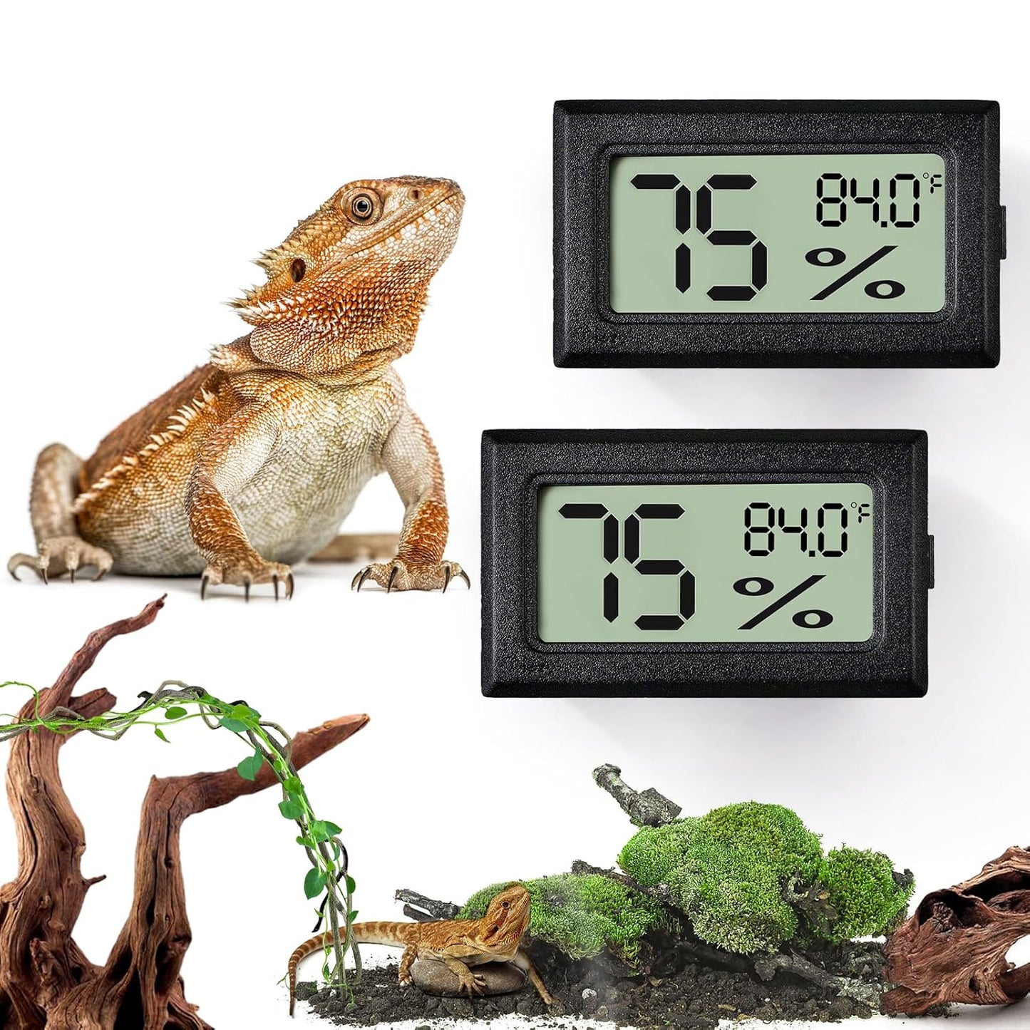 Palksky Bearded Dragon Tank Accessories, 2PCS Reptile Terrarium Thermometer and Humidity Gauge for Jumping Spider, Leopard Gecko, Crested Gecko,Hermit Crab, Gecko, Ball Python, Lizard
