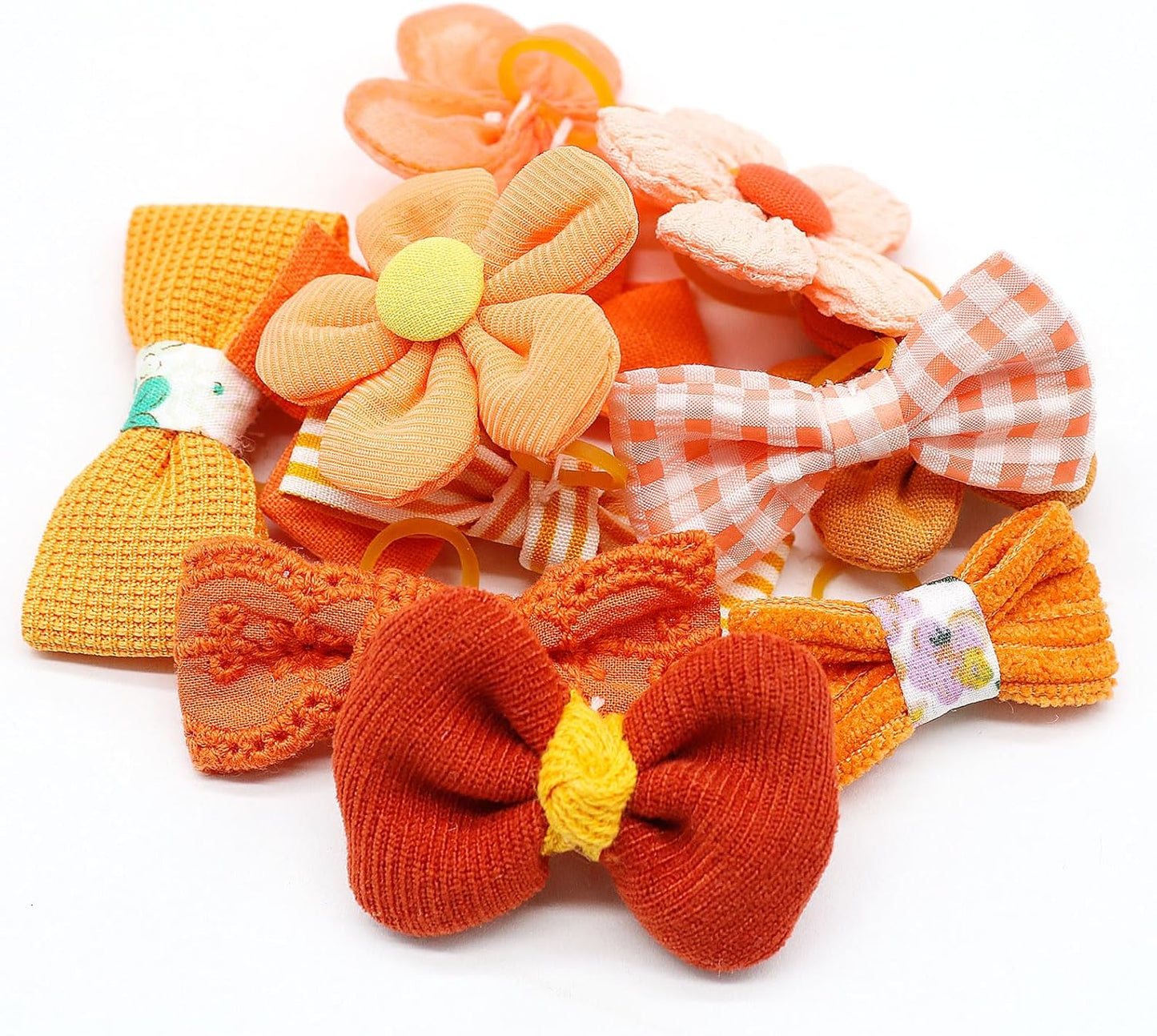 Mruq Small Dog Hair Bows with Rubber Bands, Mix Handmade Cute Puppy Gooming Flower Ball Bows for Holiday Daily Accessories (Orange-A326)
