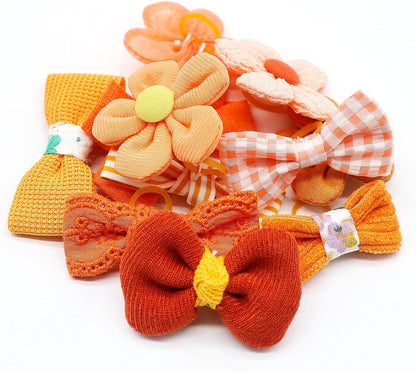 Mruq Small Dog Hair Bows with Rubber Bands, Mix Handmade Cute Puppy Gooming Flower Ball Bows for Holiday Daily Accessories (Orange-A326)