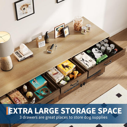 Modern Double Dog Crate Furniture – 71" Indoor Kennel with Divider & 3 Storage Drawers, Heavy Duty Pet Bed & Multi-Functional TV Stand End Table for Medium to Large Breeds – Color: Vieira oak veneer +