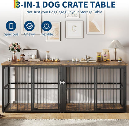 Garvee 87 in Extra Large Double Dog Crate Furniture with Divider, Heavy Duty Indoor Double Dog Cage with 3 Doors, XXL Wooden Pet House TV Stand for 2 Pets, Black+Brown