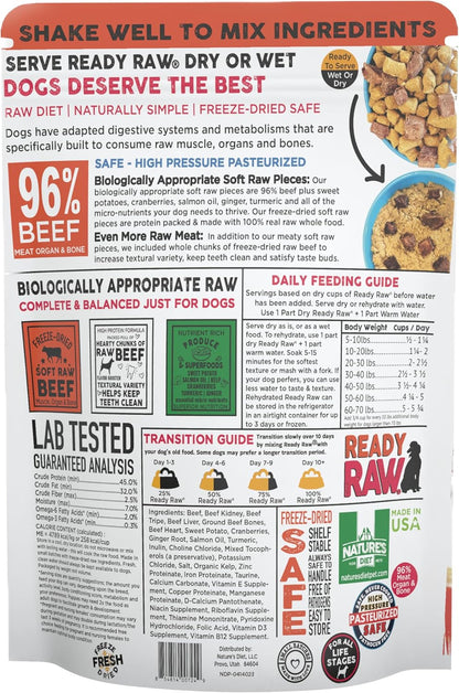Nature's Diet® Ready Raw® Freeze-Dried Raw Dog Food, Beef, Human Grade, High Pressure Pasteurized (HPP), 96% Meat, Organ, Bone, Safe & Natural, Dry or Wet Feeding
