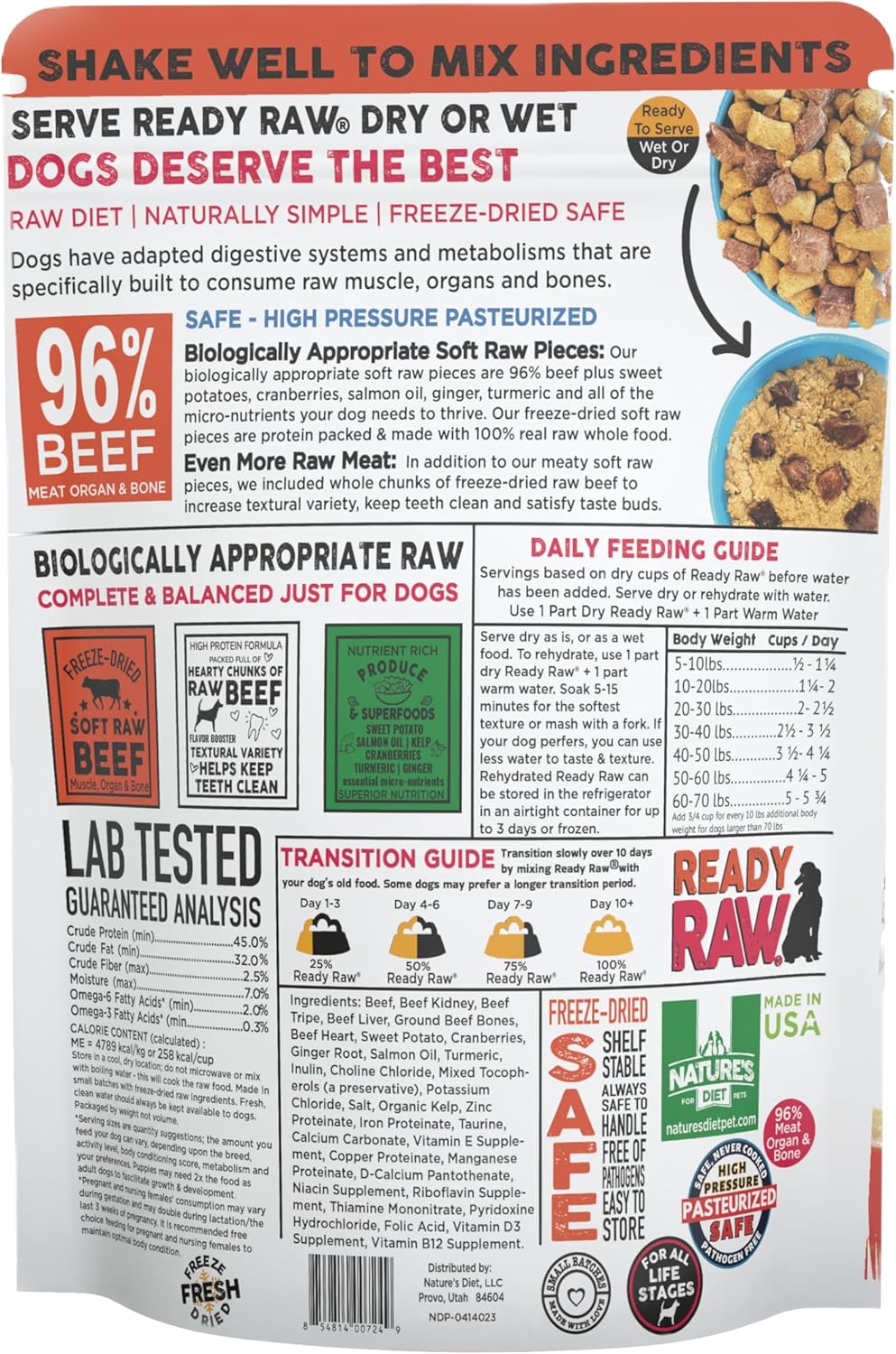 Nature's Diet® Ready Raw® Freeze-Dried Raw Dog Food, Beef, Human Grade, High Pressure Pasteurized (HPP), 96% Meat, Organ, Bone, Safe & Natural, Dry or Wet Feeding