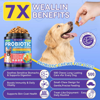 Dog Probiotics Chews 500 Chews, Sensitive Stomach Support Crunchy Shell with Krill Core, Triple Probiotics & Prebiotics, Digestion, Immunity & Skin Care, Chicken Flavor, for All Breeds & Sizes Dogs