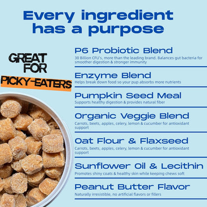 Probiotics for Dogs – Gut Health by Happy Dog | Organic, Vegan Probiotic Soft Chews with Prebiotics for Digestion, Immunity & Itchy Skin Relief | 120 Soft Chews Peanut Butter Flavor