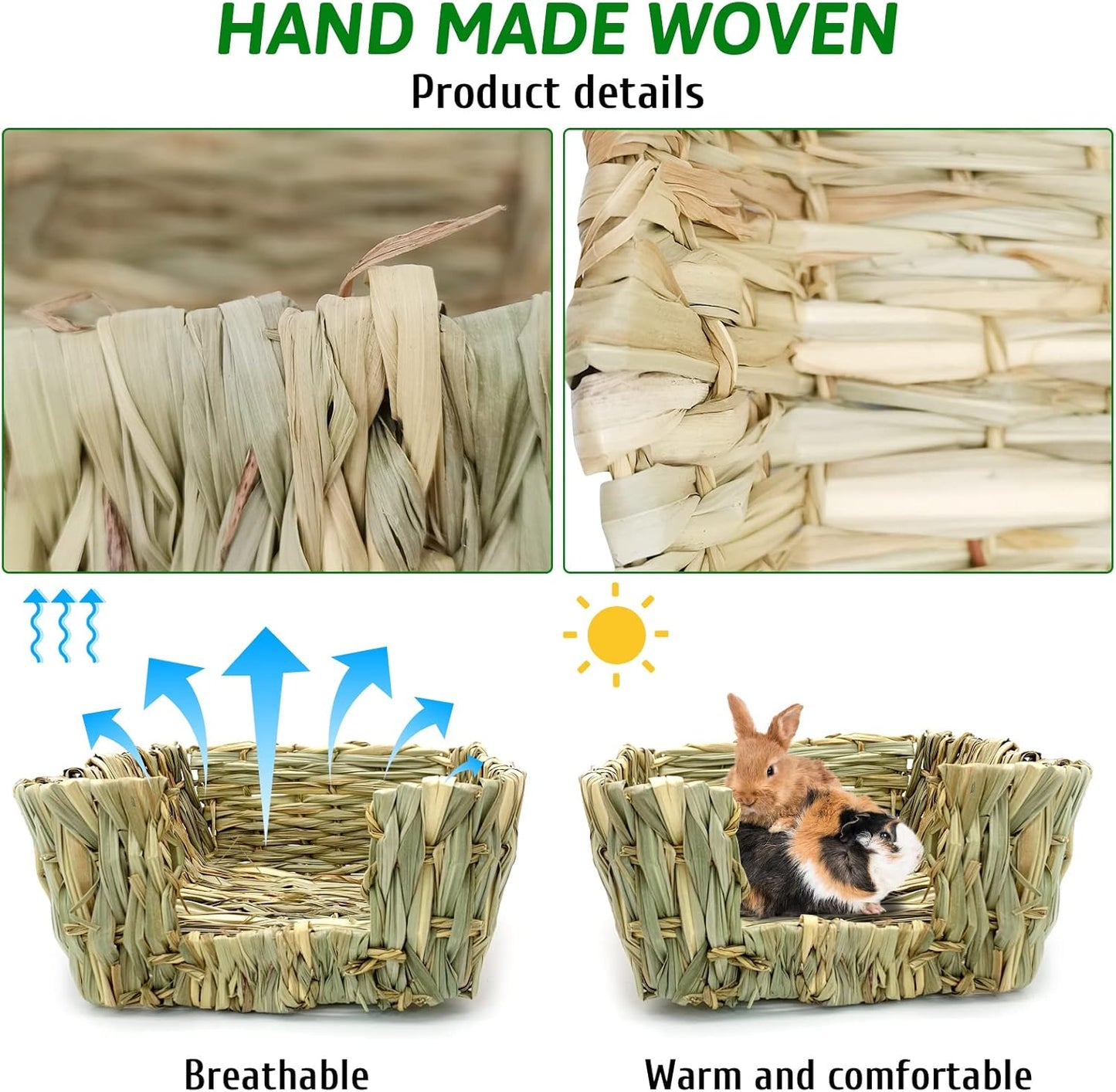 Hamiledyi Rabbit Grass Bed for Bunny, 12 Pcs Pet Bunny Chew Toys Natural Hand-Made Woven Hay Mat Hamster Grass Basket Small Animals Bedding for Guinea Pig Chinchilla Ferret Gerbil Rat