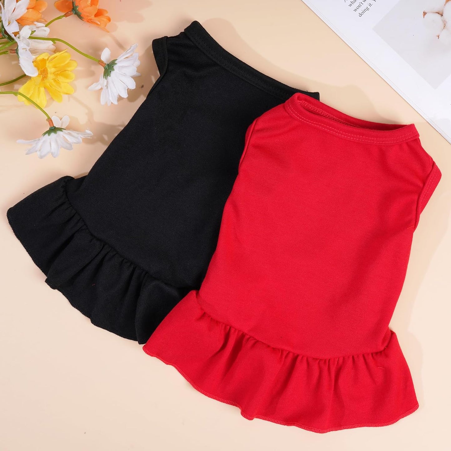 2 Pcs Dog Dresses Cat Skirt Solid Color Dog Clothes Summer Sleeveless Puppy Girl Clothes for Small Pet Dogs Cats (Black,Red, Small)