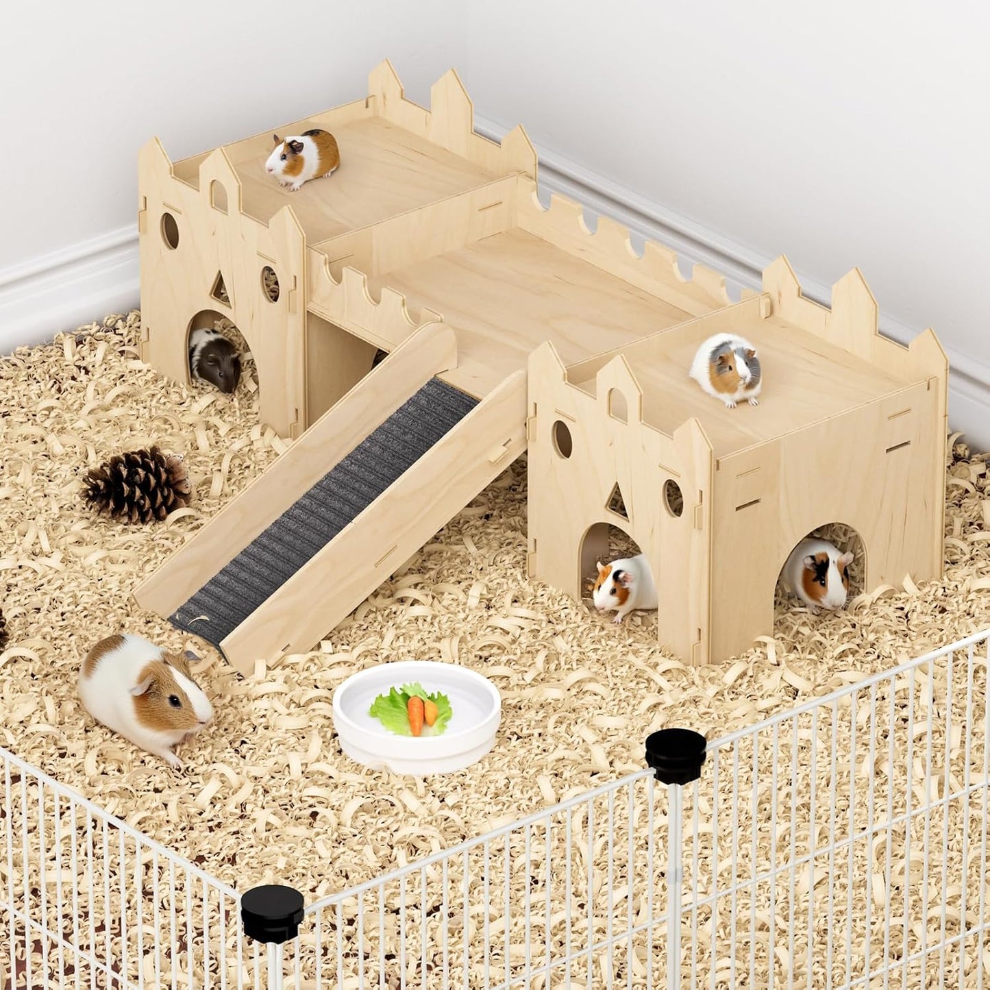 Guinea Pig Hideout House, Deluxe Wooden Hamster Hideout with Climbing Ladder & Rest Zone, Bunny Castle Tower Toy for Guinea Pig Chinchilla Gerbil Hedgehog Small Animal House Habitat Hut