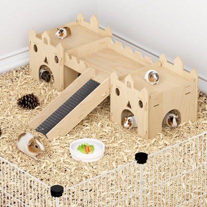 Guinea Pig Hideout House, Deluxe Wooden Hamster Hideout with Climbing Ladder & Rest Zone, Bunny Castle Tower Toy for Guinea Pig Chinchilla Gerbil Hedgehog Small Animal House Habitat Hut