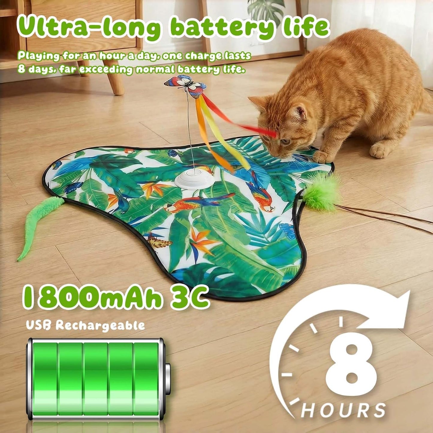 Interactive Cat Toys Rechargeable,Moving Concealed Feathers,Real Mouse Squeaky,Touch Activated Cat Kitten Toy Exercise Toys for Indoor Bored Adult Cats (Green)