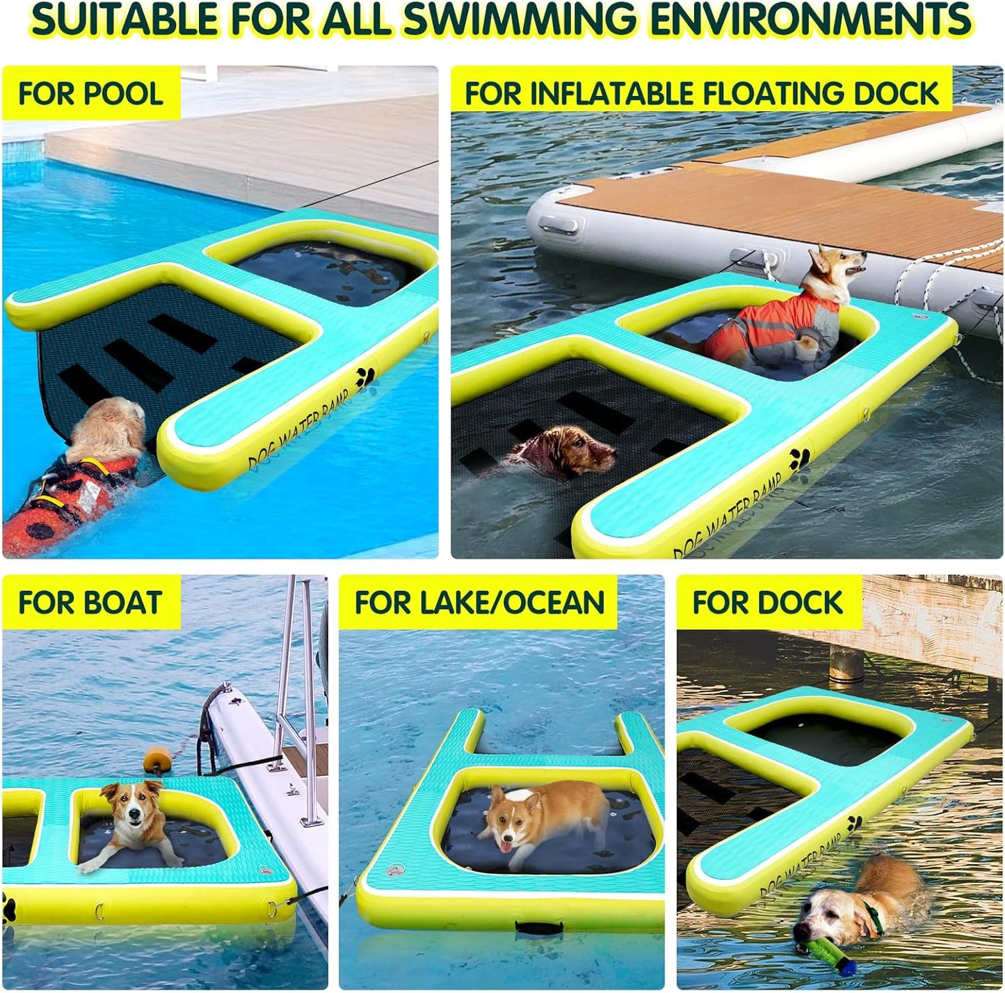 2 in 1 Dog Pool Float & Water Ramp,Upgrated Inflatable Dog Boat Ramp,63" Lx47 W Floating Dock for Medium Large Dog Up to 180LBS,Non-Slip(EVA) for Safety,High Stability,Ladder for Boat,Lake