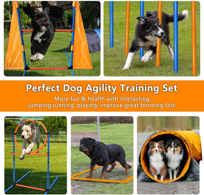 Premium Dog Agility Training Set Outdoor Indoor Game, Tire Jump + Hurdle Jump, Tunnel, Weave Poles, Pause, 2 Toy Balls, 2 Discs, 1 Whistle, 1 Bag, 2 Training Clicker Backyard Dog Obstacle Course Kit