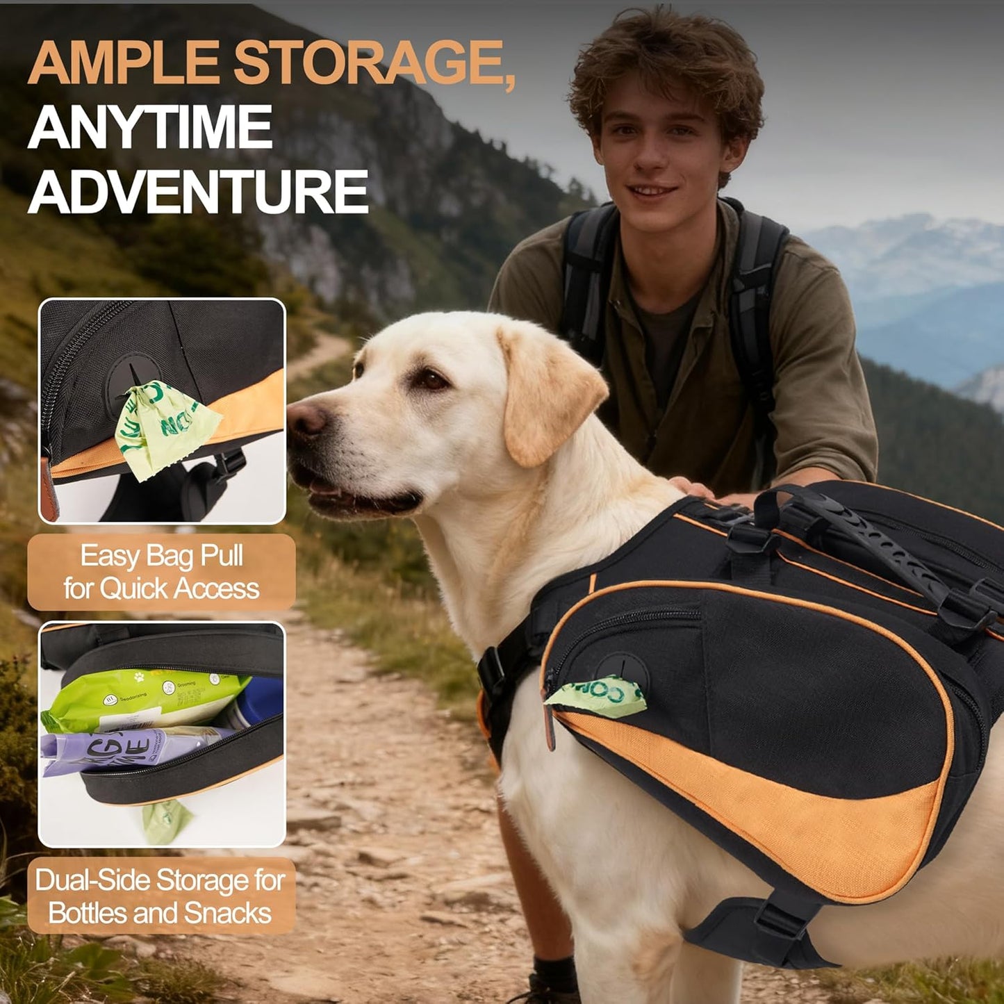 Dog Backpack Suitable for Medium-Sized Dogs, Adjustable Lightweight Pet Harness, Built-in Poop Bag Dispenser, Waterproof and Safe, Suitable for Hiking, Puppy Training, Or Daily Walks, M