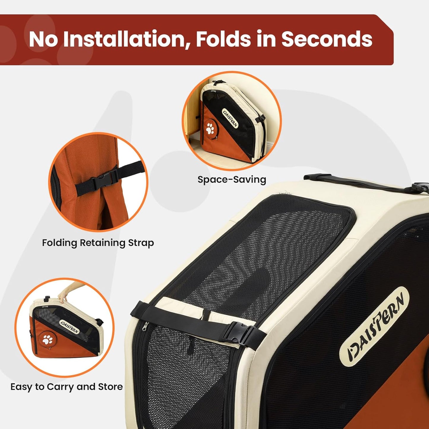 Collapsible Dog Crate for Travel, Portable Pet Crate for Small & Large Dogs, Soft-Sided Car Kennel with Heavy-Duty Metal Frame, Mesh Windows, Feeding/Comfort Access for Backseat Trunk Brown