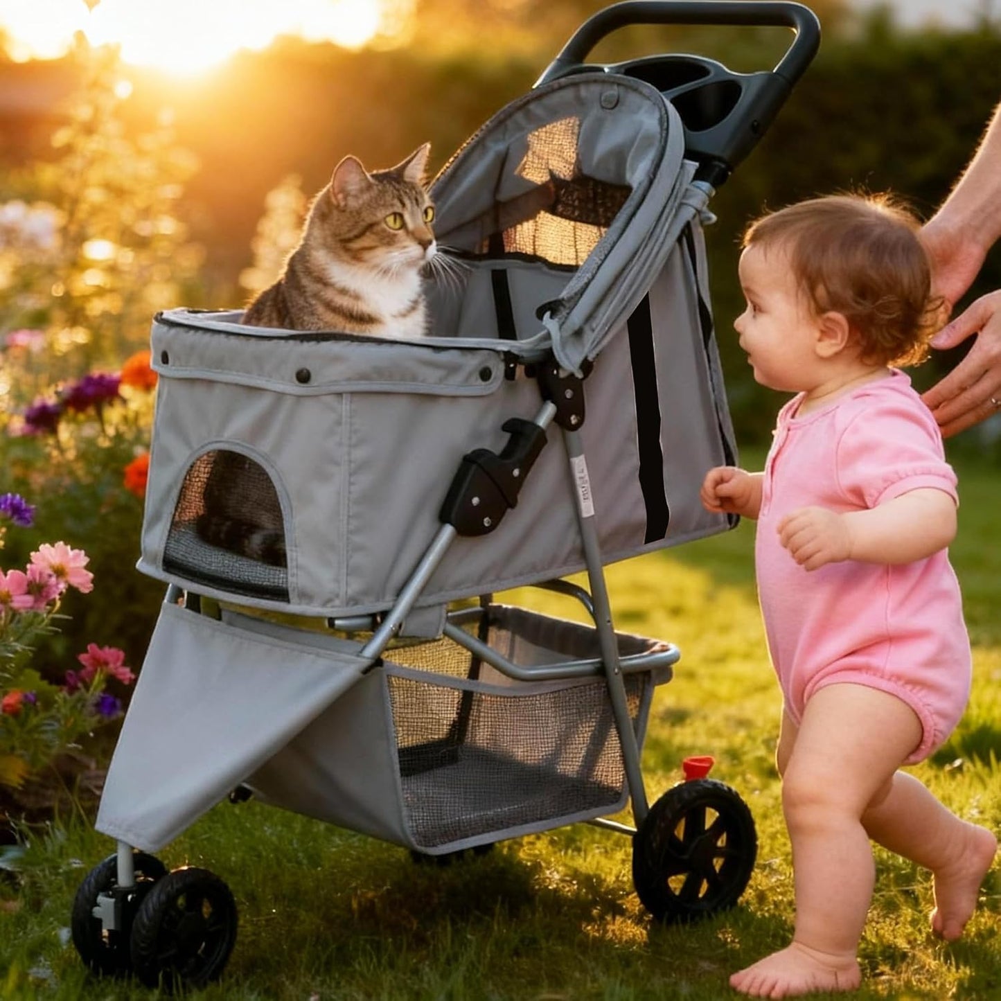 Smug 3 Wheels Pet Stroller, Dog and Cat Strollers, Storage Basket and Cup Holder, Breathable Mesh, Lightweight Travel Carrier, Waterproof and Foldable for Small Pets Outdoor Walk, Grey