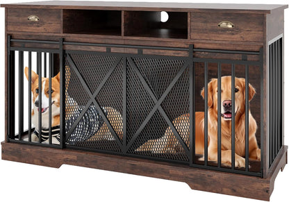 Double Dog Crate Furniture, 63” Large Dog Kennel Furniture with Divider and Sliding Doors, Heavy Duty Dog Kennel Furniture with Drawers and Shelves for Living Room, Retro Brown