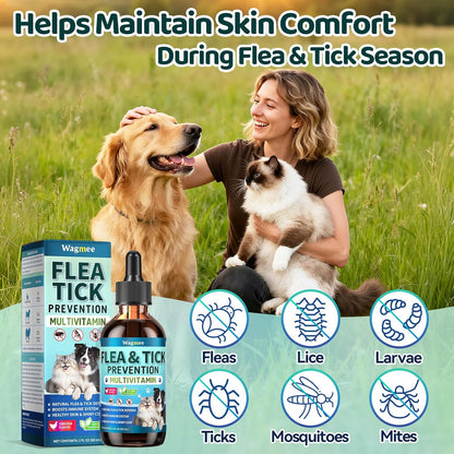 Oral Flea & Tick Support for Dogs and Cats, Natural Flea and Tick Prevention with Multivitamins - Flea Herbal Supplement Drops for Healthy Skin & Shiny Coat Support - All Breeds and Ages - Chicken